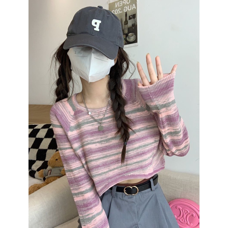 Jiashucheng Áo Thun Dệt Kim Dáng Rộng Eo Cao Kẻ Sọc Màu Gradient Kiểu Mỹ Xinh Xắn Cho Bạn Gái