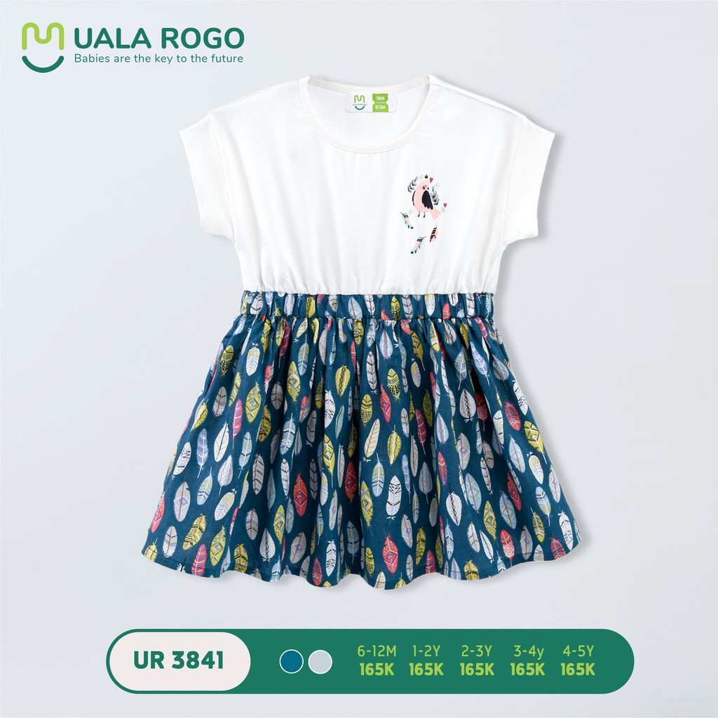 Váy Uala Rogo Cotton 100% cao cấp mềm thoáng mát thấm hút tốt váy tay bồng in lông vũ đáng yêu cho bé gái 3841 3840