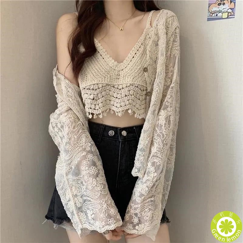 Set Áo Ren Tay Dài Dáng Rộng + Áo Hai Dây Thời Trang Cho Bé Gái