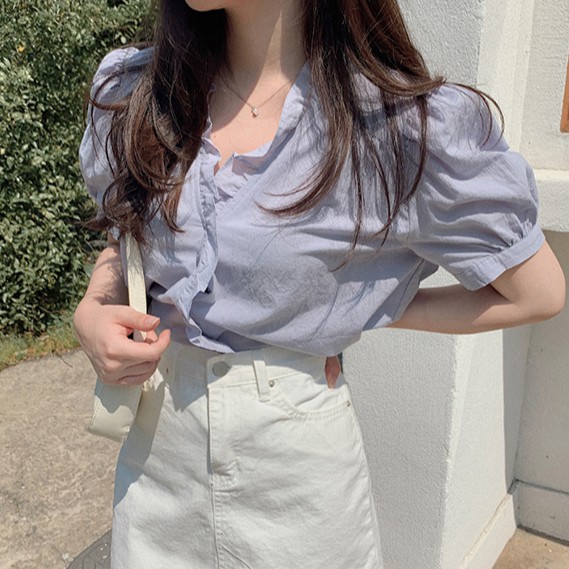 Áo sơ mi nữ bèo nhún màu trơn tay ngắn phong cách mới 43046