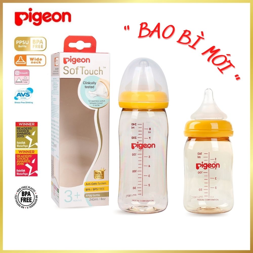 Bình sữa Pigeon Softouch 160ml / 240ml cổ rộng PPSU với núm vú silicone siêu mềm ( PHIÊN BẢN MỚI )