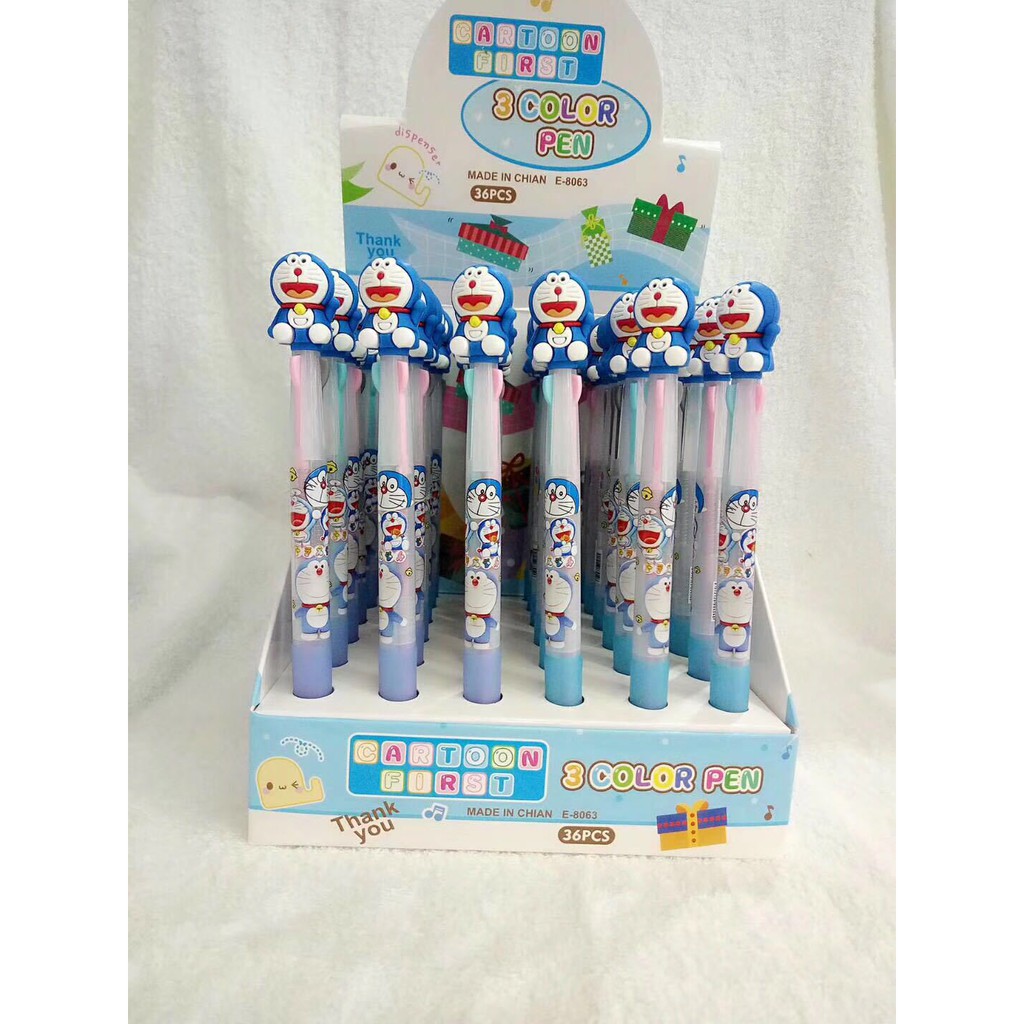 Bút bi bấm 3 màu ngòi 3D hoạt hình 20cm - Doraemon