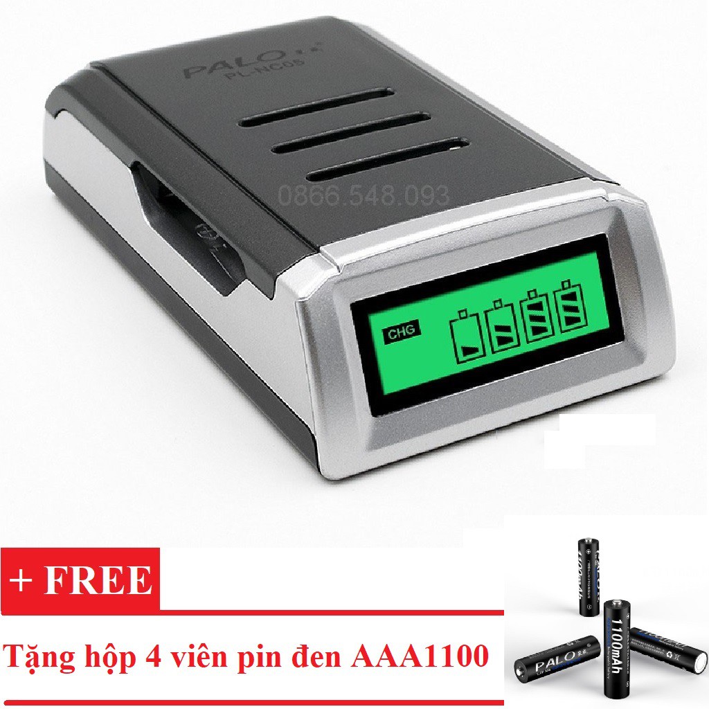 Bộ sạc màn hình 4 khe AA/AAA Palo NC05 tặng hộp 4 pin tiểu sạc AAA1100 mAh