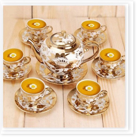 Bộ Tách Trà Hoa Văn Nhũ Vàng Hoàng Gia Cao Cấp - BỘ ẤM TRÀ 6 LY SIÊU SANG - TÁCH TRÀ