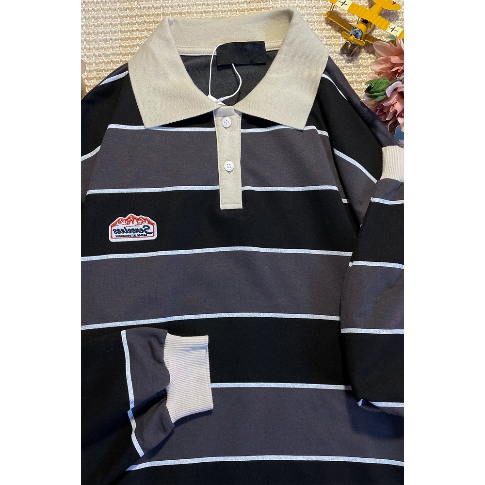 [Hàng Order] Áo Polo sọc đen xám có cổ ULzzang form rộng dài tay dày dặn Unisex mới nhất thu đông 2021 PL012 | BigBuy360 - bigbuy360.vn