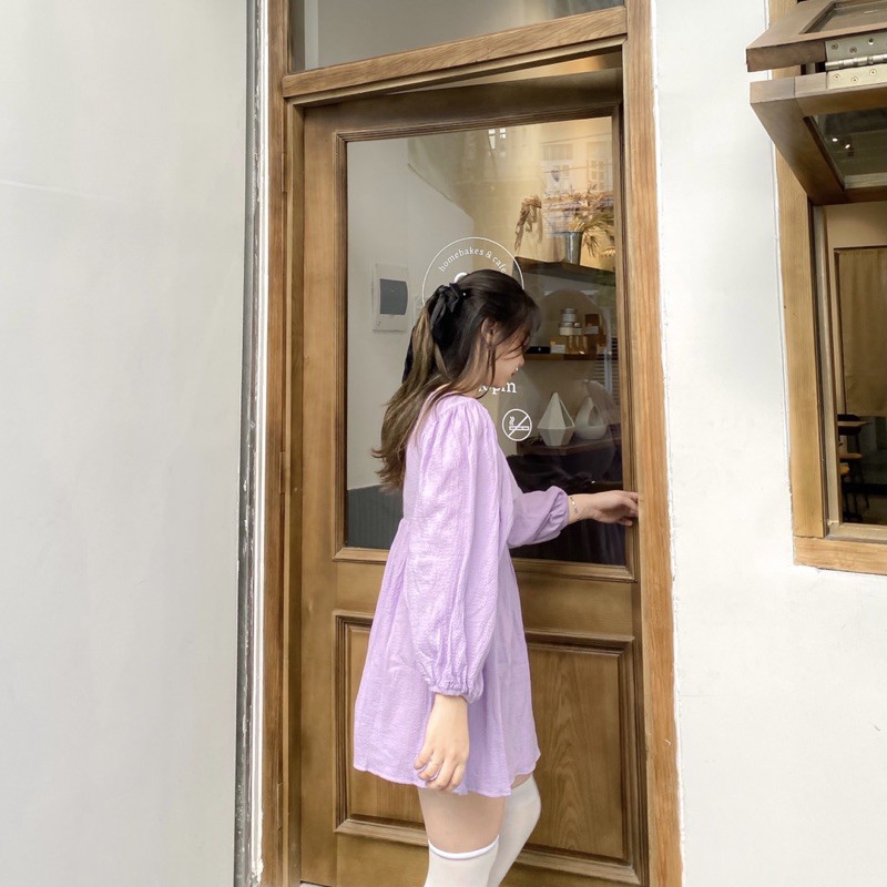 ĐẦM TÍM DÁNG NGẮN XÒE BỒNG TAY DÀI