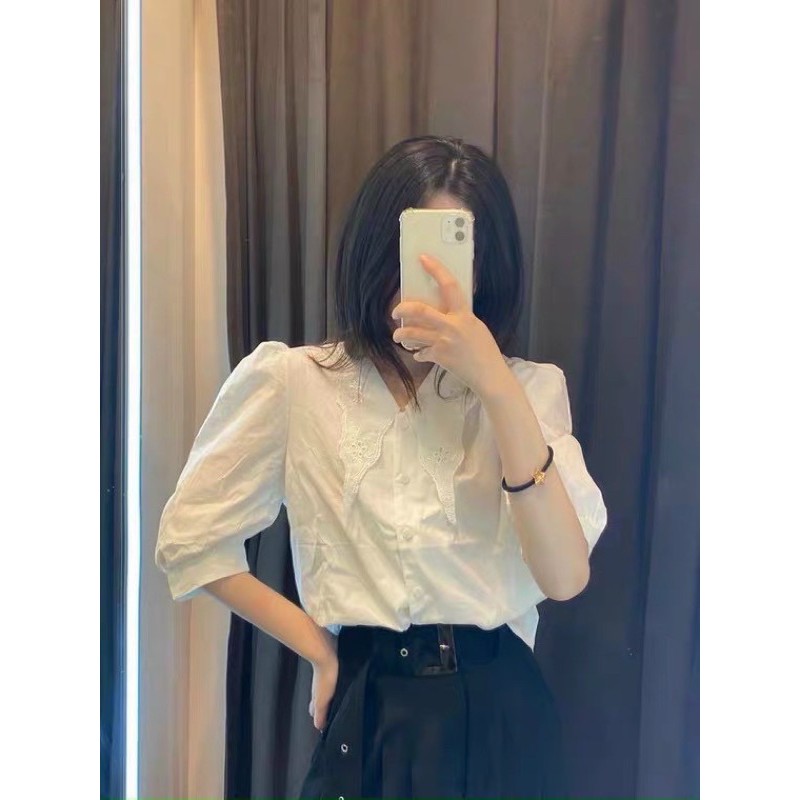 Sơ mi trắng cổ vạt thêu  vnxk