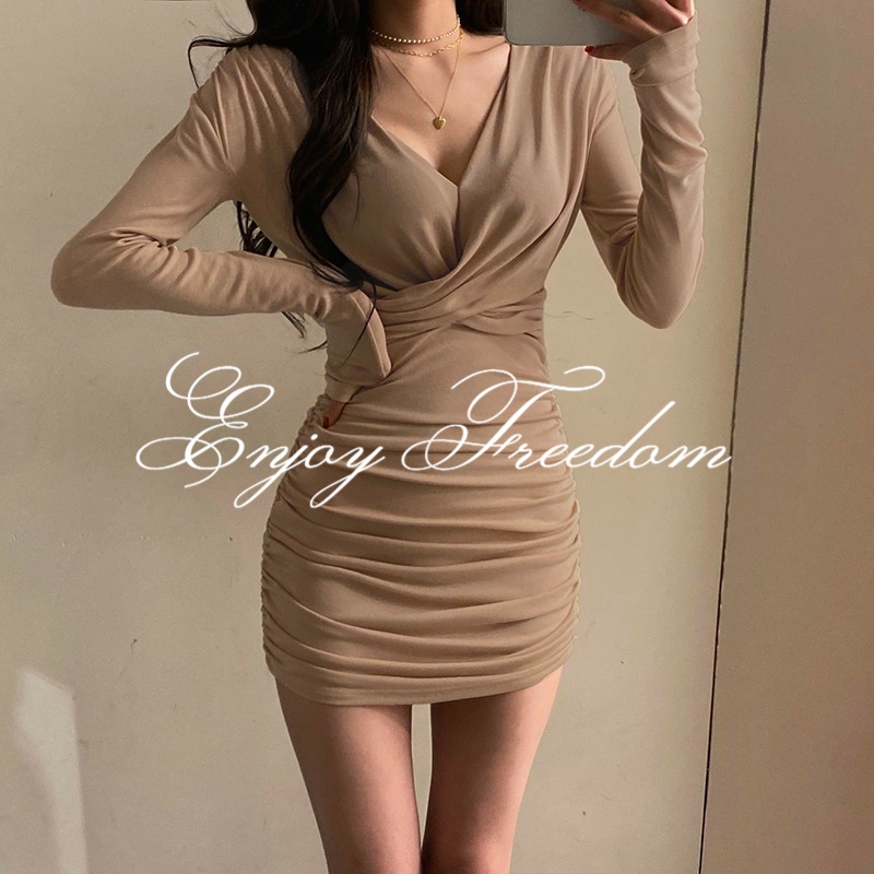 Enjoy Freedom Đầm Dài Tay Cổ Chữ V Thiết Kế Mỏng Quyến Rũ Thời Trang Dành Cho Nữ