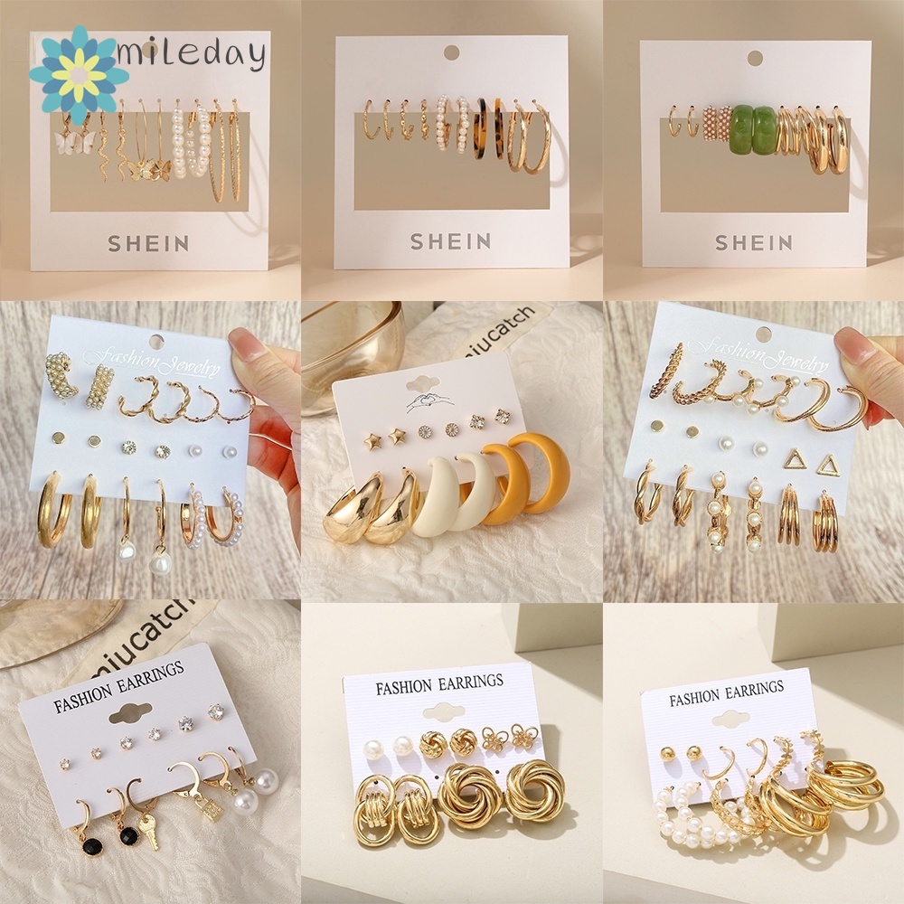 YD 【HÀNG MỚI VỀ】Bộ Bông Tai Ngọc Trai Kim Loại Hợp Thời Trang Cho Phụ Nữ Cổ điển Hình Học Vàng Giọt Nước Bộ Bông Tai Thời Trang Acrylic Dangle Bông Tai Quà Tặng đồ Trang Sức ZOE