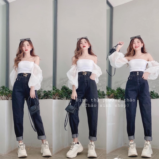 Quần jeans baggy xám đen lưng siêu cao qua rốn hai nút hack chân form ulzzang kèm ảnh thật hàng sẵn FREESHIP