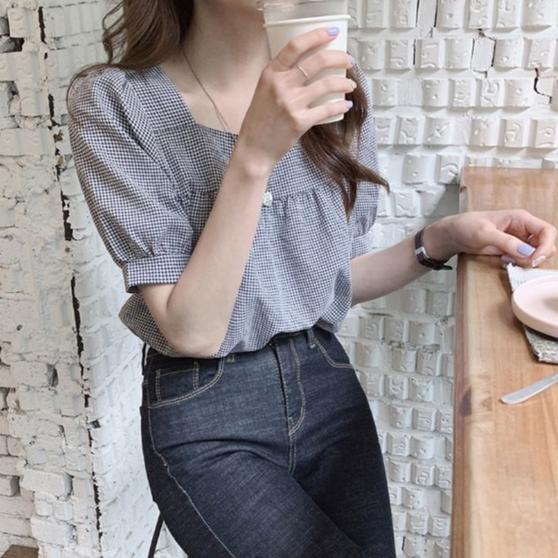 Áo sơ mi cổ vuông ngắn tay kẻ ca rô phong cách Nhật Bản Hàn Quốc ngọt ngào trẻ trung cho nữ | BigBuy360 - bigbuy360.vn
