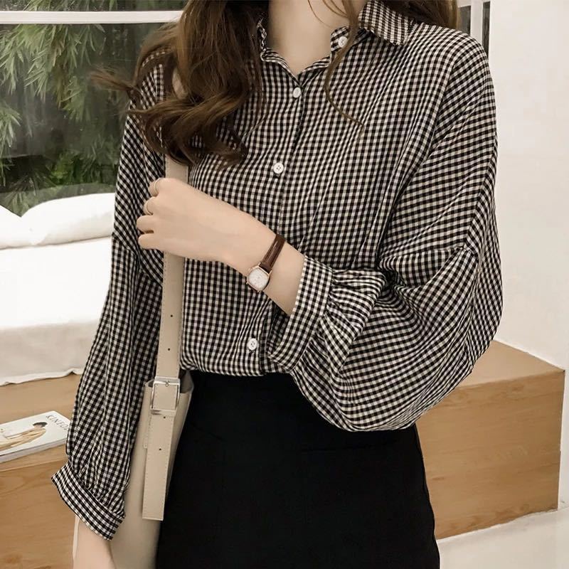 Áo sơ mi nữ tay phồng dáng rộng kẻ sọc caro phong cách Hàn Quốc mới