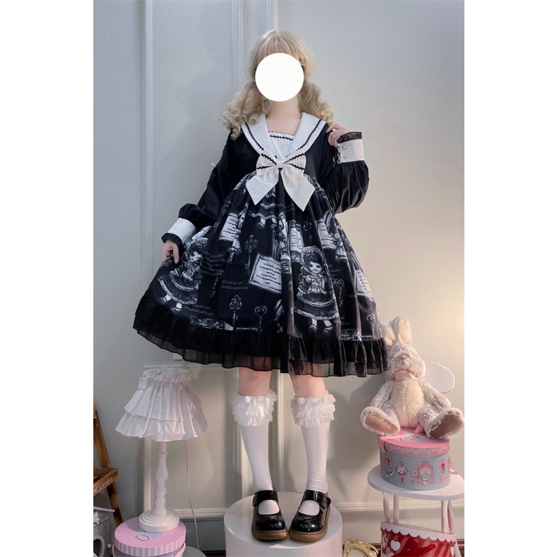 Váy lolita búp bê màu đen đậm phong cách gothic  dài tay
