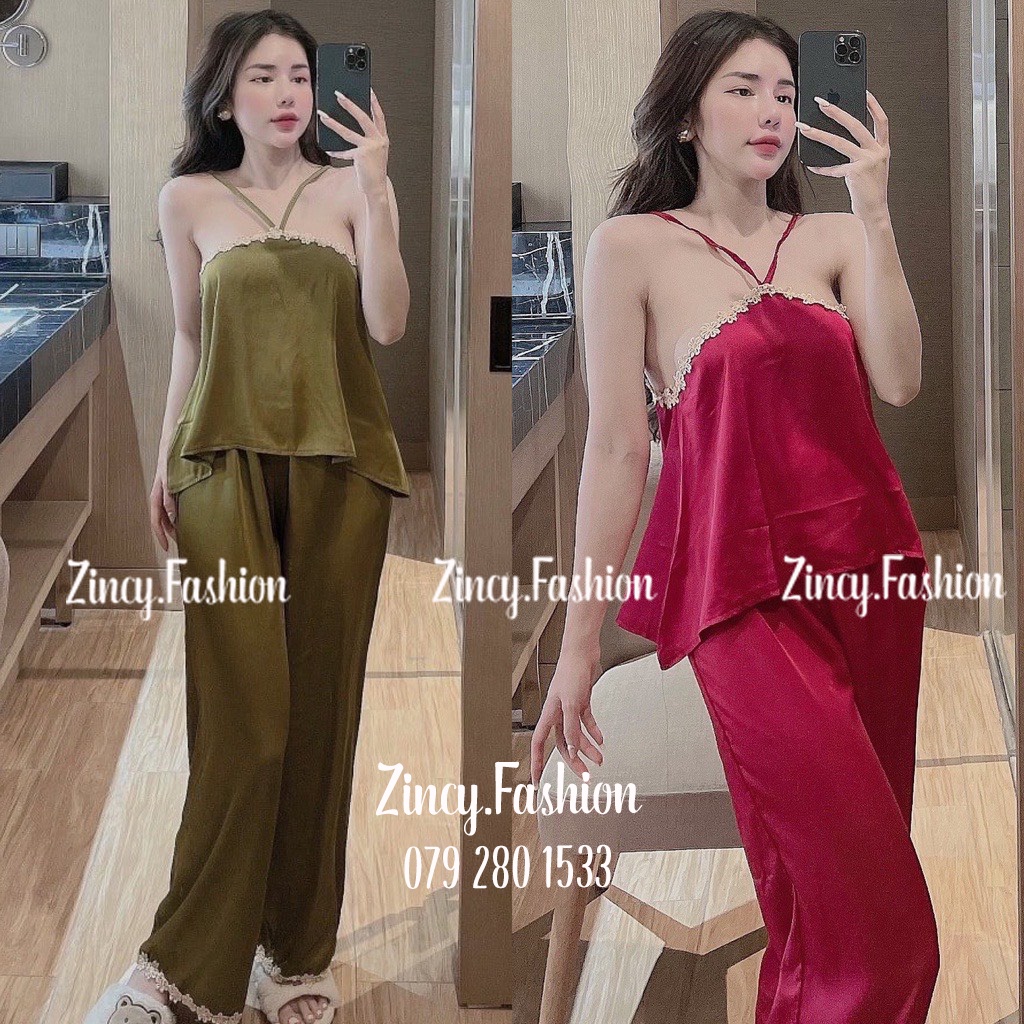 Set đồ bộ nữ lụa satin cao cấp cổ yếm viền Bộ đồ ngủ mặc nhà quần dài ống suông y hình
