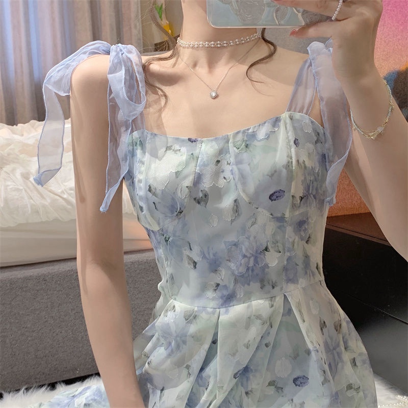 Đầm Lửng Hai Dây Ôm Eo In Họa Tiết Hoa Sơn Dầu Phong Cách Pháp Hàng Mới Thời Trang Mùa Hè Dành Cho Bạn Nữ