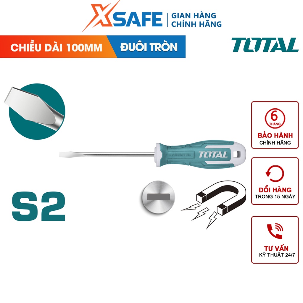 Tua vít dẹp TOTAL nhiều kích cỡ thép Cr-V, đường kính 5-6mm, chiều dài 100mm, tháo mở ốc vít - [CHÍNH HÃNG][XSAFE]