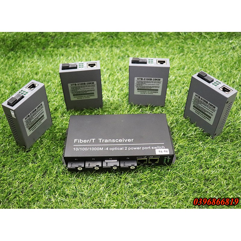 Combo Switch 4 Quang 2 Lan 1000mb Chuân B + 4 Converter Quang Netlink HTB-1100 A BH 1 Năm Nguồn 5v2a cao cấp