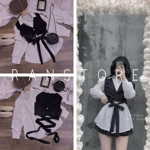 Set sơ mi trắng phối với áo gile dây đai buộc eo / Sét mặc đi chơi form rộng kiểu dáng Hàn quốc sang chảnh_ranstore