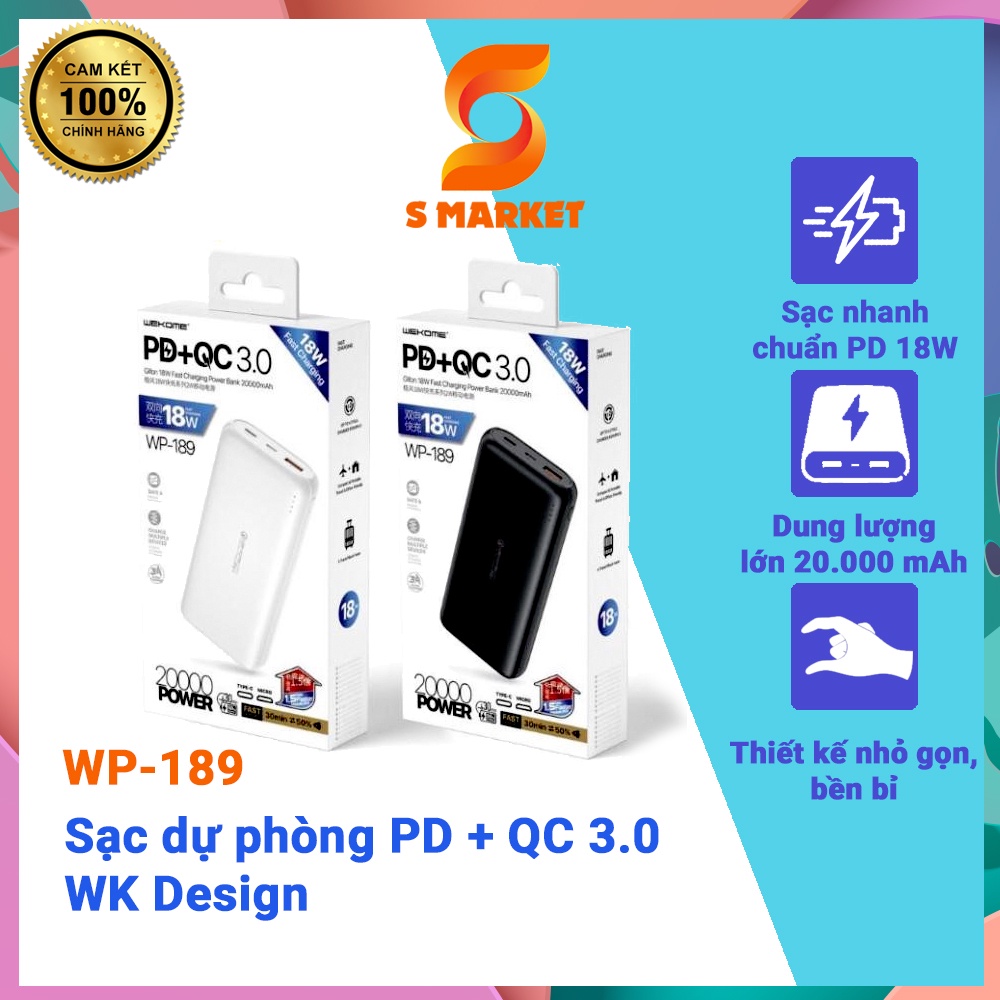Sạc dự phòng PD18W +QC3.0 chính hãng/ WK WP-189 dung lượng 20.000 mAh