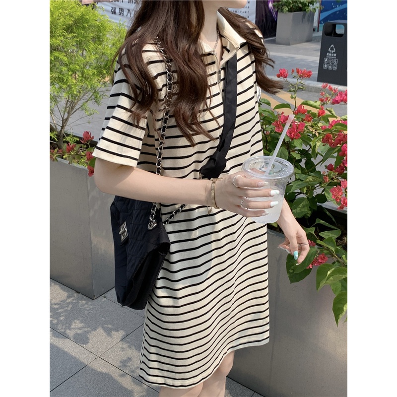 Váy thun nữ kẻ ngắn tay cổ polo