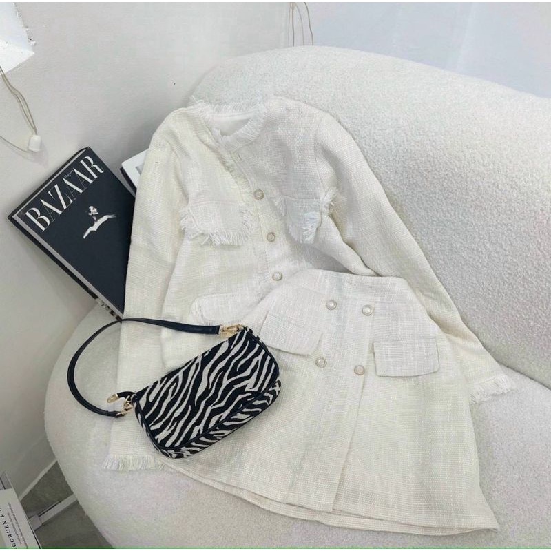 Set dạ tweed 3 món kèm áo sơ mi voan tơ sang chảnh tiểu thư