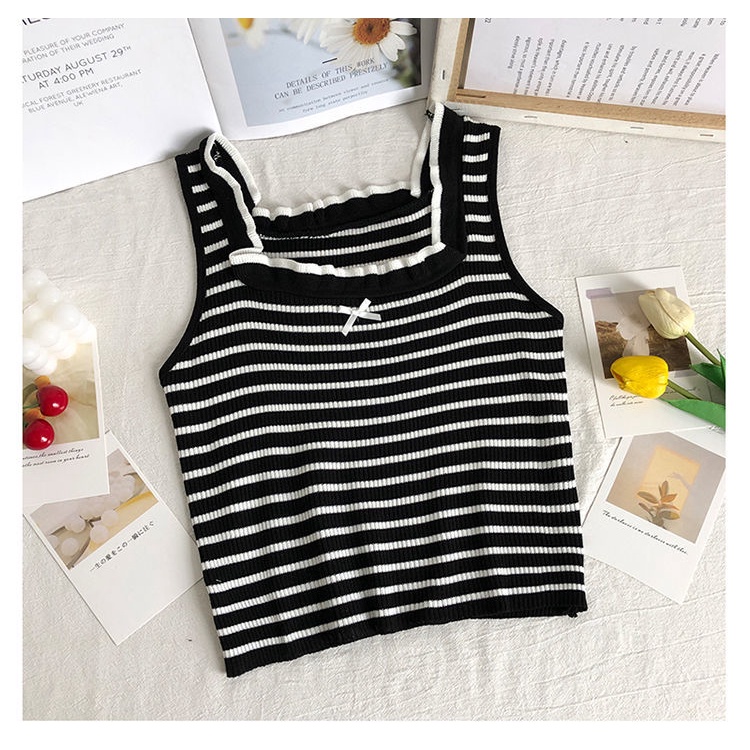 Áo Hai Dây Dệt Kim Dáng Ôm Kẻ Sọc Thắt Nơ Sau Lưng Phong Cách Hàn Quốc Thời Trang Mùa Hè Cho Nữ