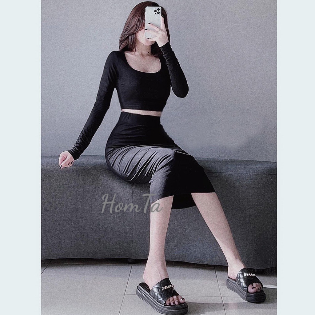 Set Áo Cổ U Tay Dài Kèm Chân Váy