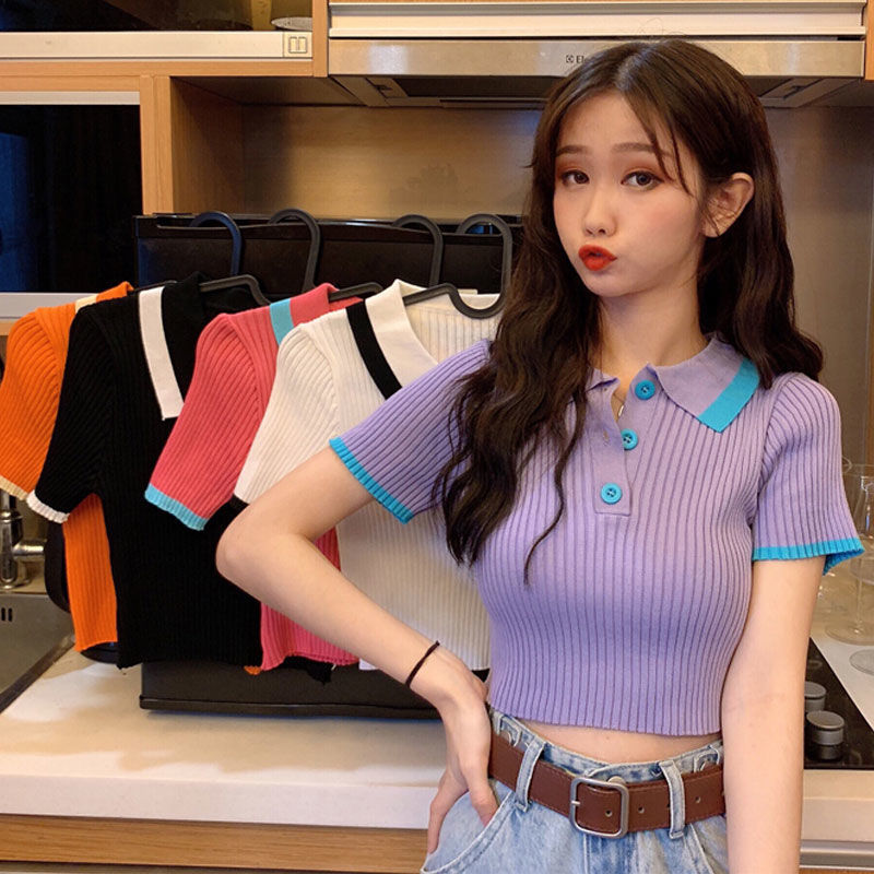Áo croptop dệt kim ngắn tay có cổ thời trang mùa hè cho nữ
