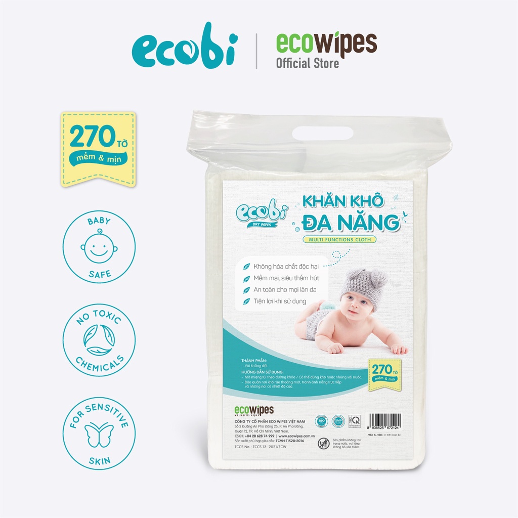 KHĂN KHÔ ĐA NĂNG ECOBI 270 tờ - Dùng thay khăn sữa, an toàn cho trẻ sơ sinh