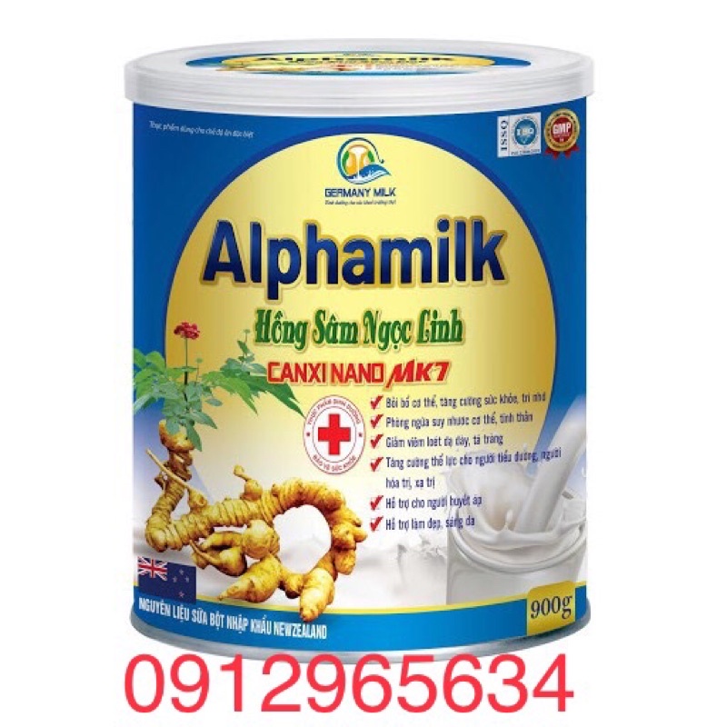 Sữa bột Alphamilk Hồng sâm ngọc linh Canxi Nano Mk7 cung cấp dinh dưỡng cho cơ thể khoẻ mạnh phục hồi sau ốm 900g