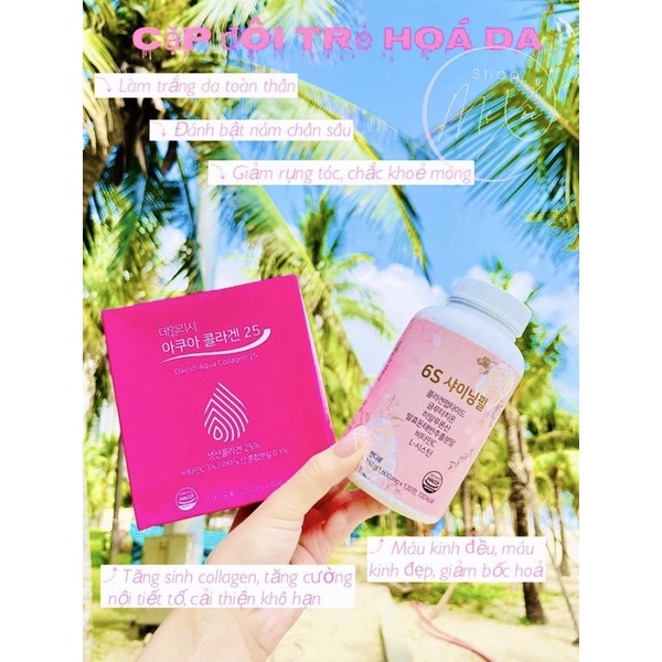 Combo kẹo ngậm 6S Shining Pearl và collagen thủy phân Dailish Aqua giúp trắng da, mờ thâm nám