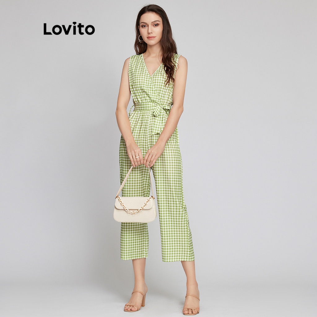 Áo liền quần Lovito phong cách thường ngày sọc ca rô phối thắt lưng tôn dáng không tay ống thẳng L26LD075 (màu xanh lá nhạt)