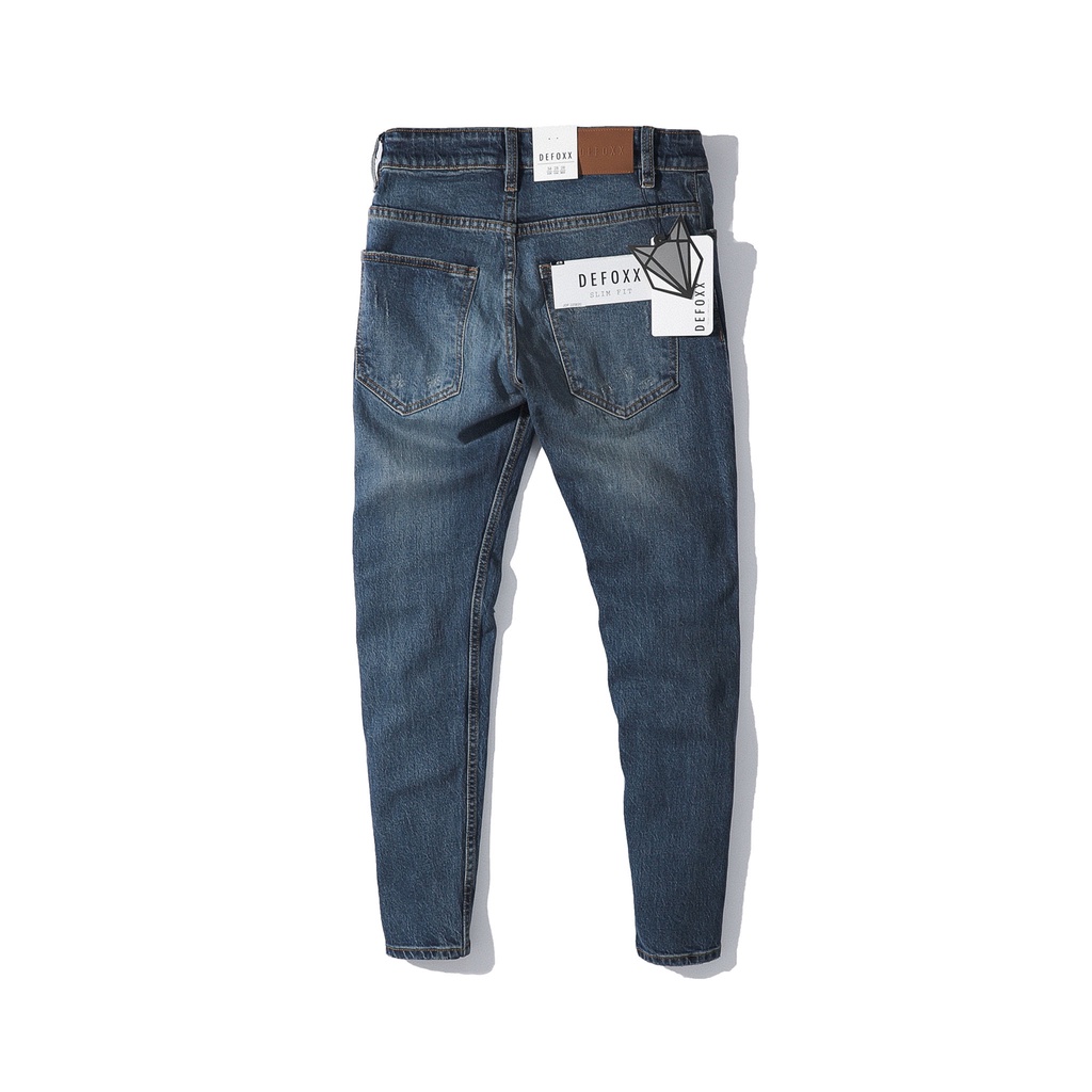 Quần jean dài nam DEFOXX xanh wash rách nhẹ,Form Slimfit,chất vải co dãn,ống quần 15 - 18cm,hàng VNXK -220620