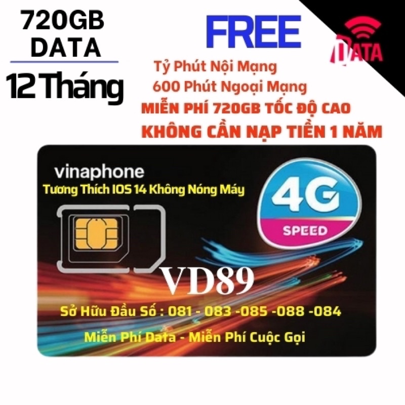Sim Data 1 Năm VD89 Vinaphone ( Miễn Phí Vào Mạng 720GB Data Và Gọi ) 12 Tháng