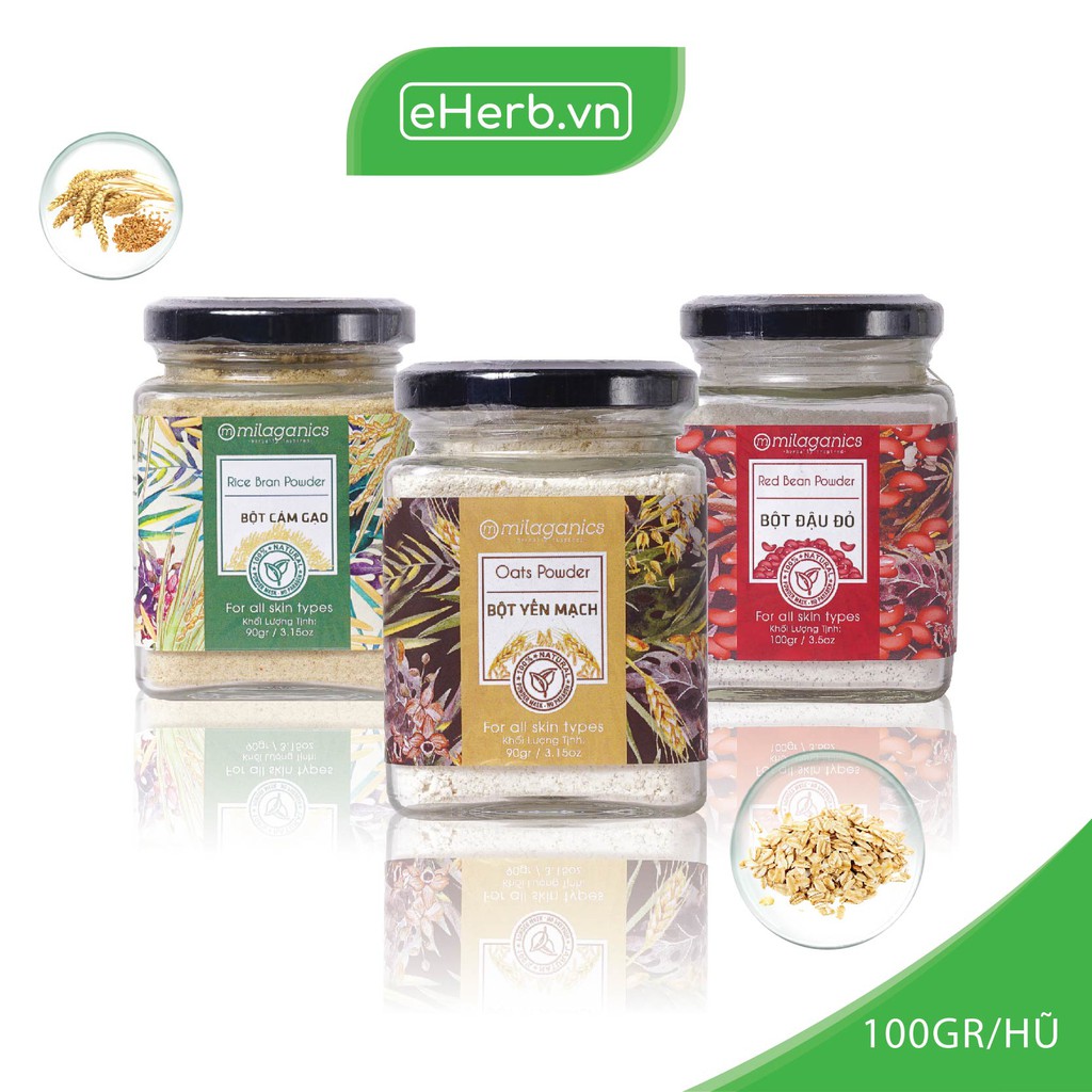 Combo 3 Hũ Bột Trắng Da, Dưỡng Ẩm: Bột Đậu Đỏ, Bột Yến Mạch, Bột Cám Gạo MILAGANICS (100g/ Hũ)