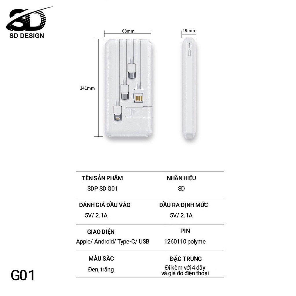 Sạc dự phòng chính hãng SD DESIGN G01 dung lượng 10.000 mAh có đầy đủ chân sạc cho iphone, samsung, xiaomi,...