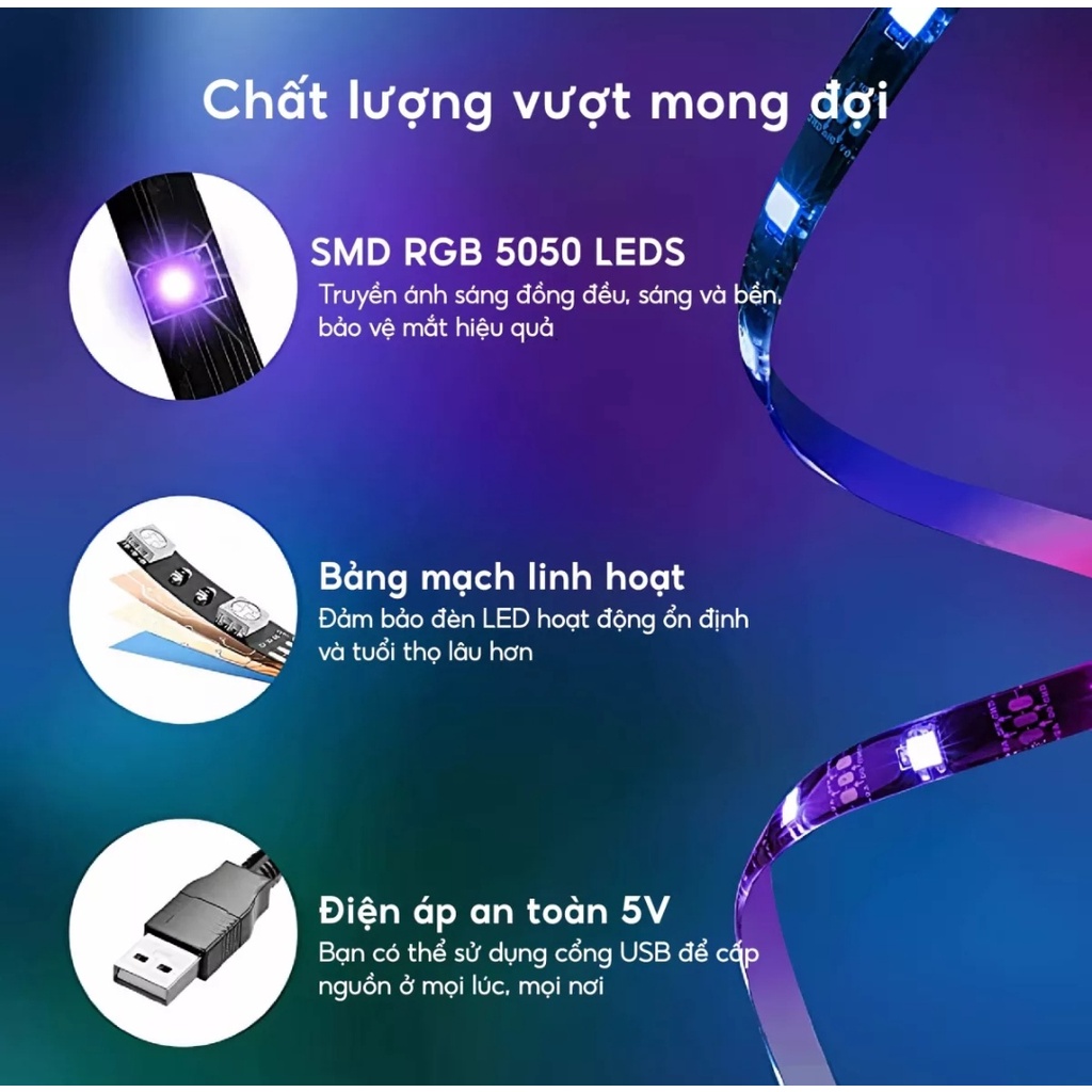 Đèn led Tiktok 5m RGB nháy theo nhạc 16 triệu màu điều khiển bằng điện thoại, đèn led dán tường tặng remote điều khiển