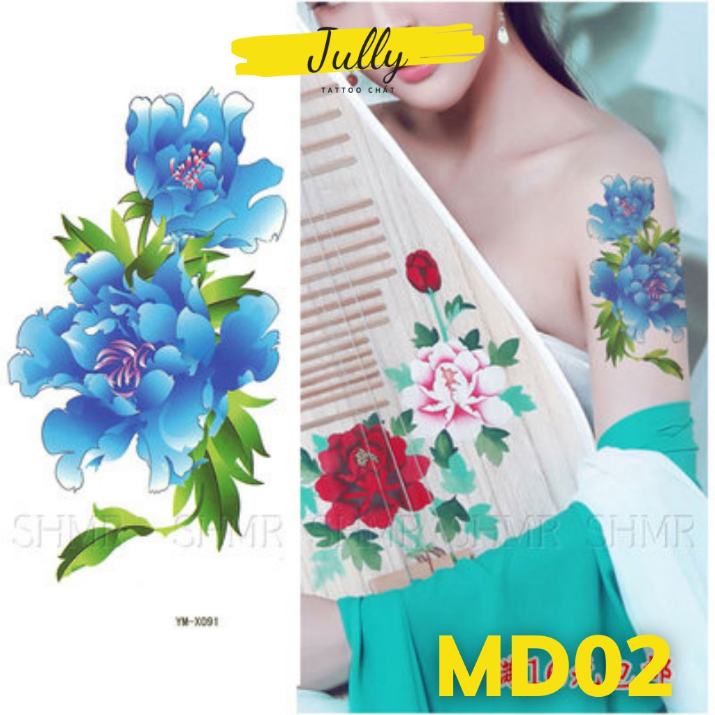 Hình xăm dán hoa mẫu đơn nhỏ JULLY Tattoo chất, miếng dán chống nước, xăm tạm thời 15 ngày, kích thước 10,5x6cm