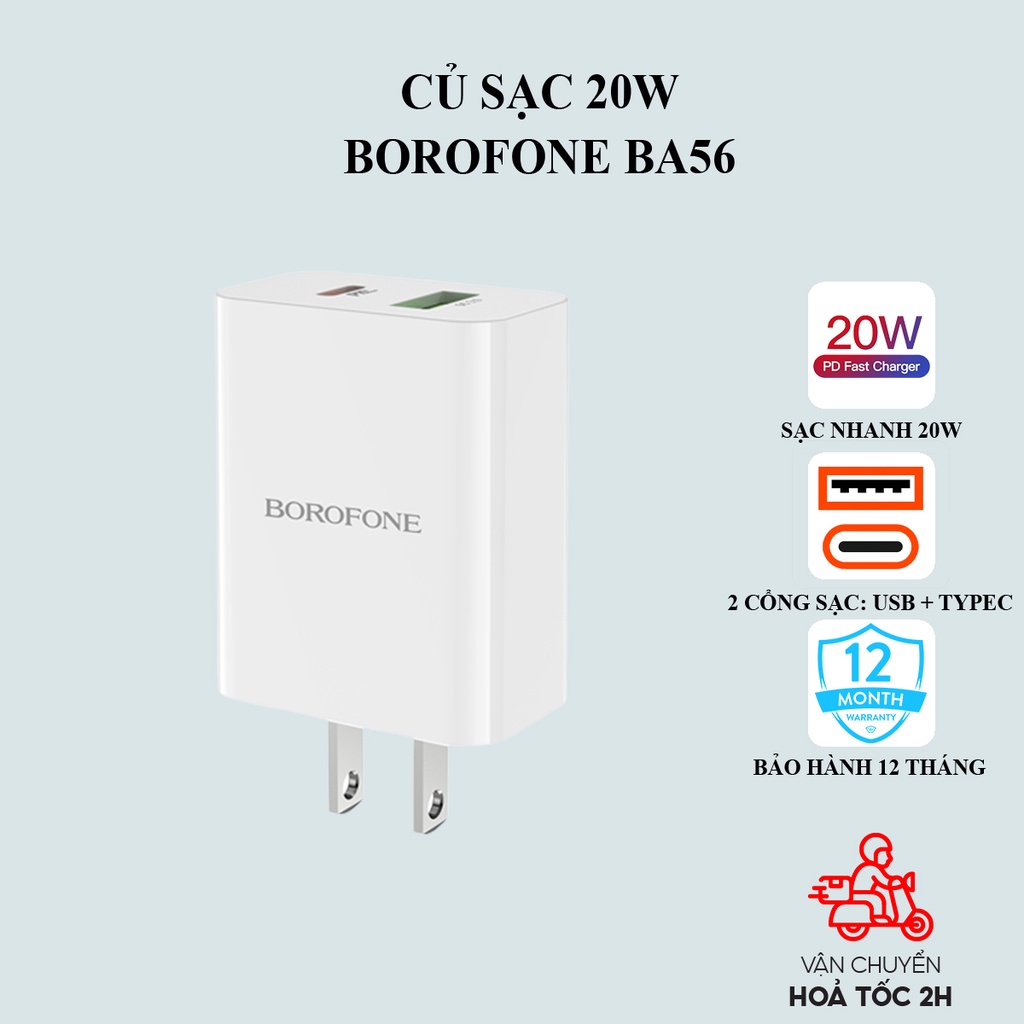 Củ sạc iphone 20W Borofone BA56: Củ sạc nhanh 20W gồm 2 cổng sạc USB và TypeC - Chính hãng - Bảo hành 12 tháng