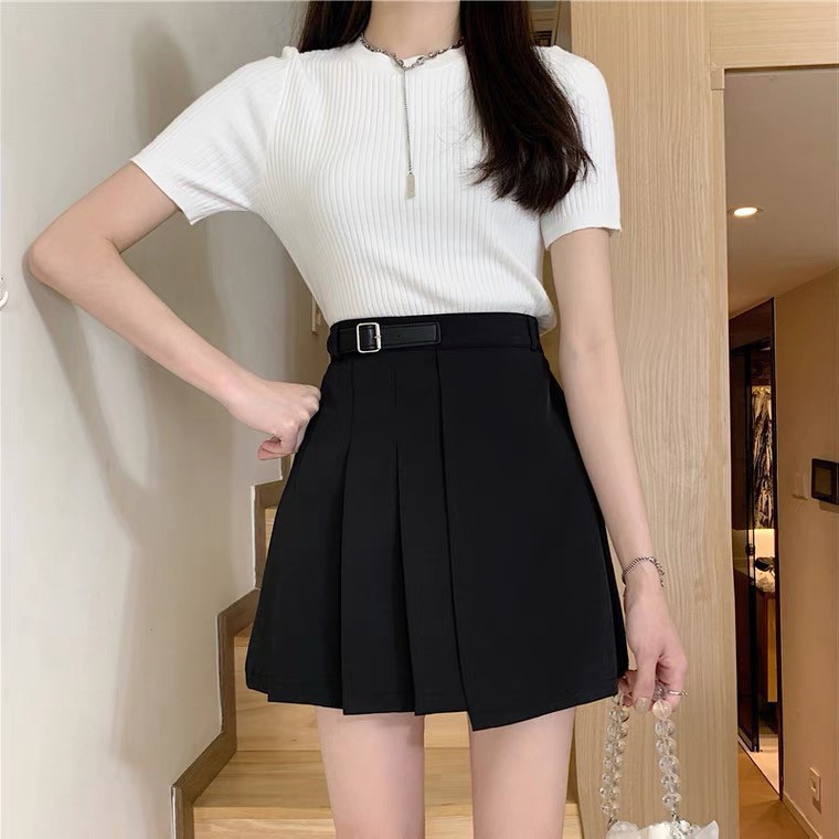 Chân váy xếp ly phối đai lệch chân váy ngắn dáng chữ A chất tuyết mưa thời trang công sở Banamo Fashion 5318 | BigBuy360 - bigbuy360.vn