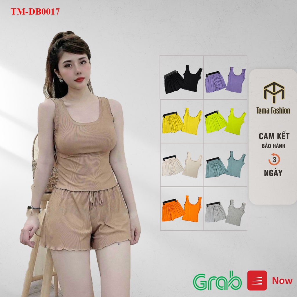 Đồ bộ nữ TEMA - Đồ ngủ nữ mặc ở nhà gồm áo hai dây viền bèo kèm quần đùi len tăm siêu mát