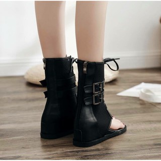 Giày boots xỏ ngón 2 khóa đế độn cổ lửng(B01)