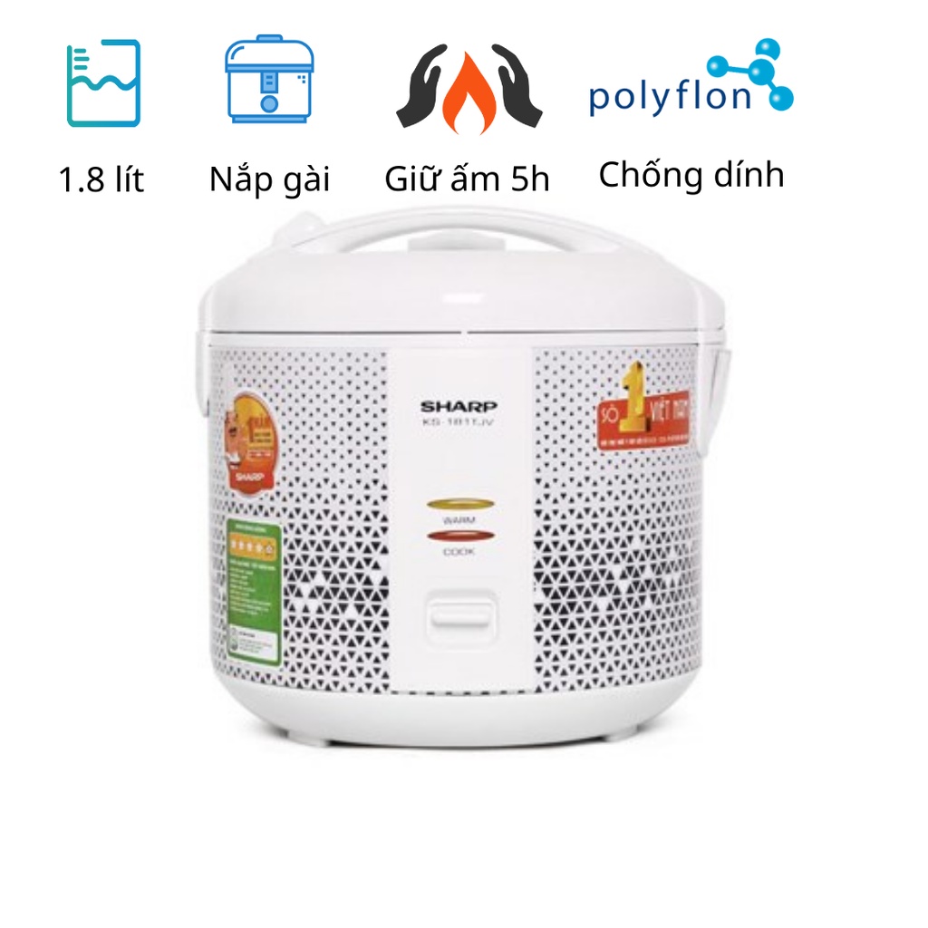 Nồi Cơm Điện Sharp KS-181TJV 1.8 Lít 700W, Lòng Nồi Nhôm Tráng Men Chống Dính - [Bảo Hành 12 Tháng]