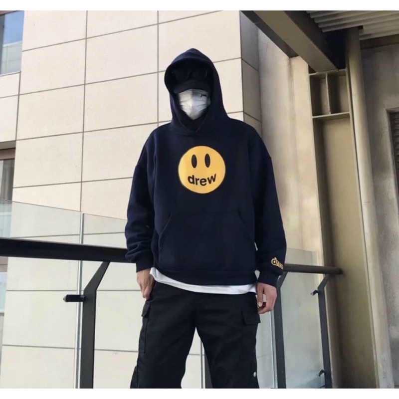 áo hoodie đen in măt cươi unisex from rộng