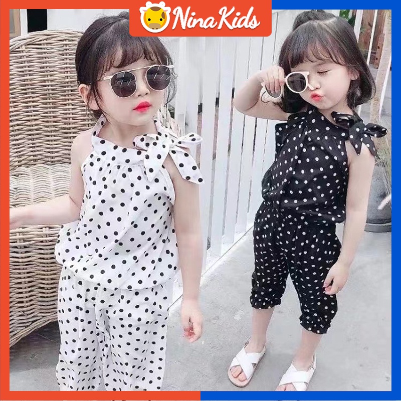 Bộ Trang Phục Gồm Áo Voan Sát Nách Thắt Nơ Họa Tiết Chấm Bi Phong Cách Hàn Quốc Cho Bé Gái 0-5 Tuổi