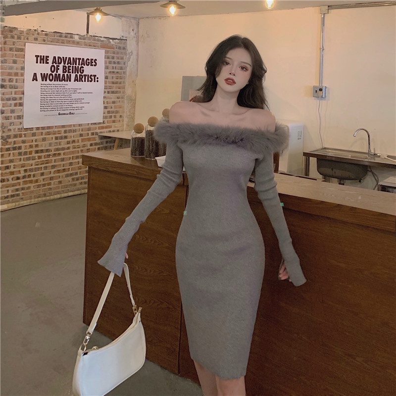 Đầm ôm dệt kim trễ vai thời trang thu đông cho nữ