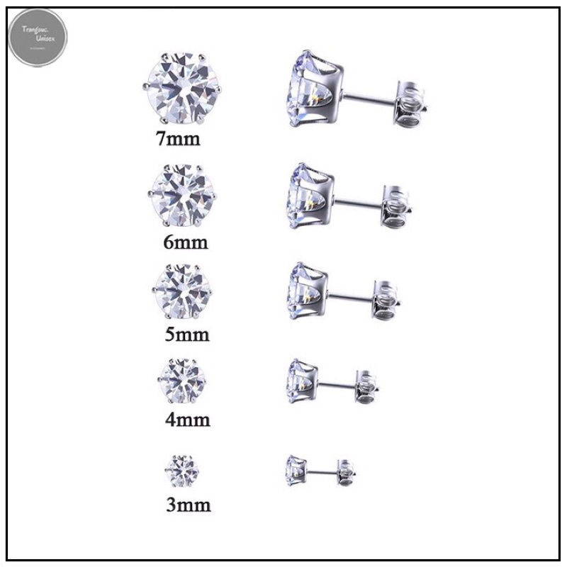 Nguyên vỉ - Bông tai nụ đá trắng đen chốt inox nhiều kích cỡ vỉ 20 chiếc - BT141