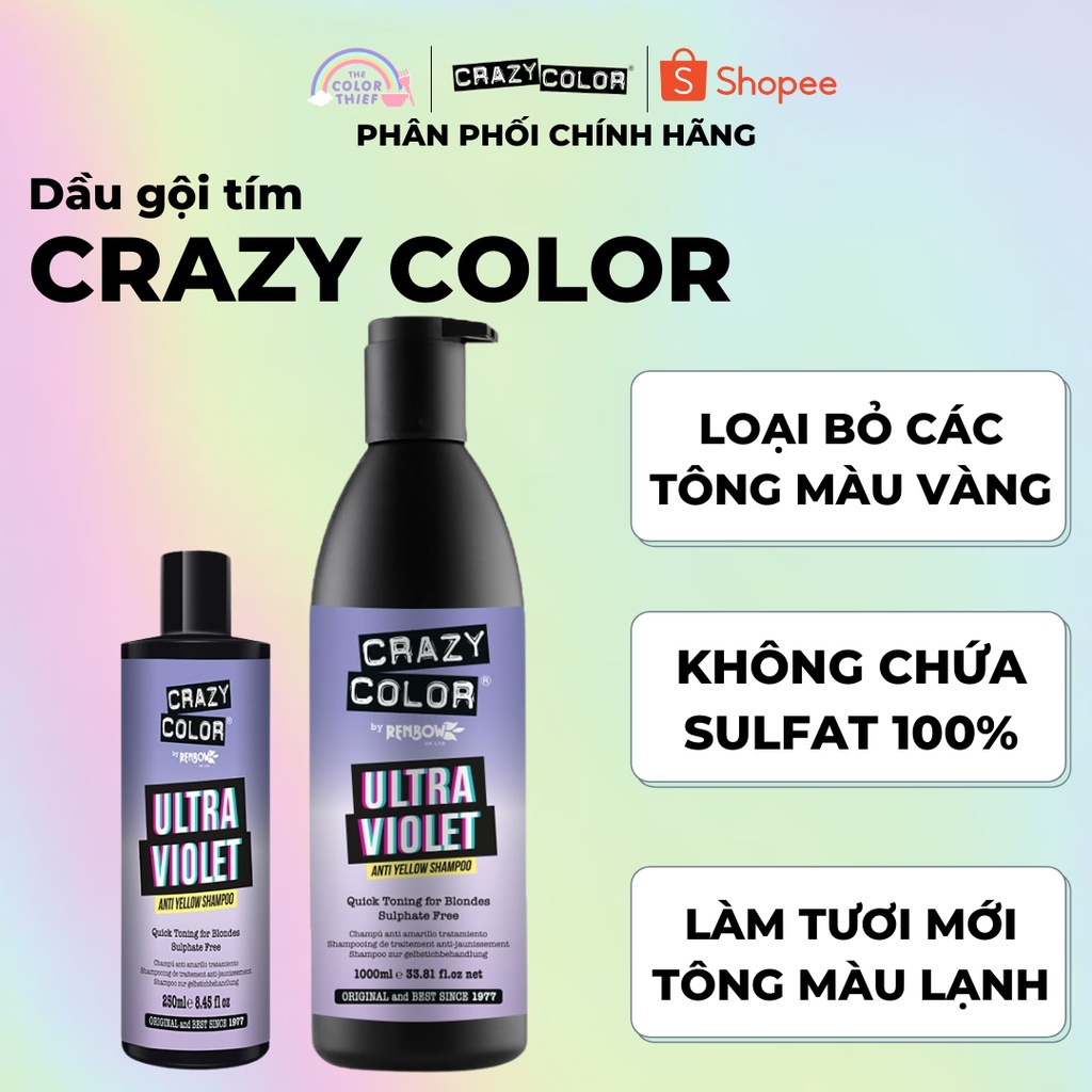 Dầu gội tím Crazy Color Ultra Violet khử ánh vàng cho tóc tẩy - The Color Thief