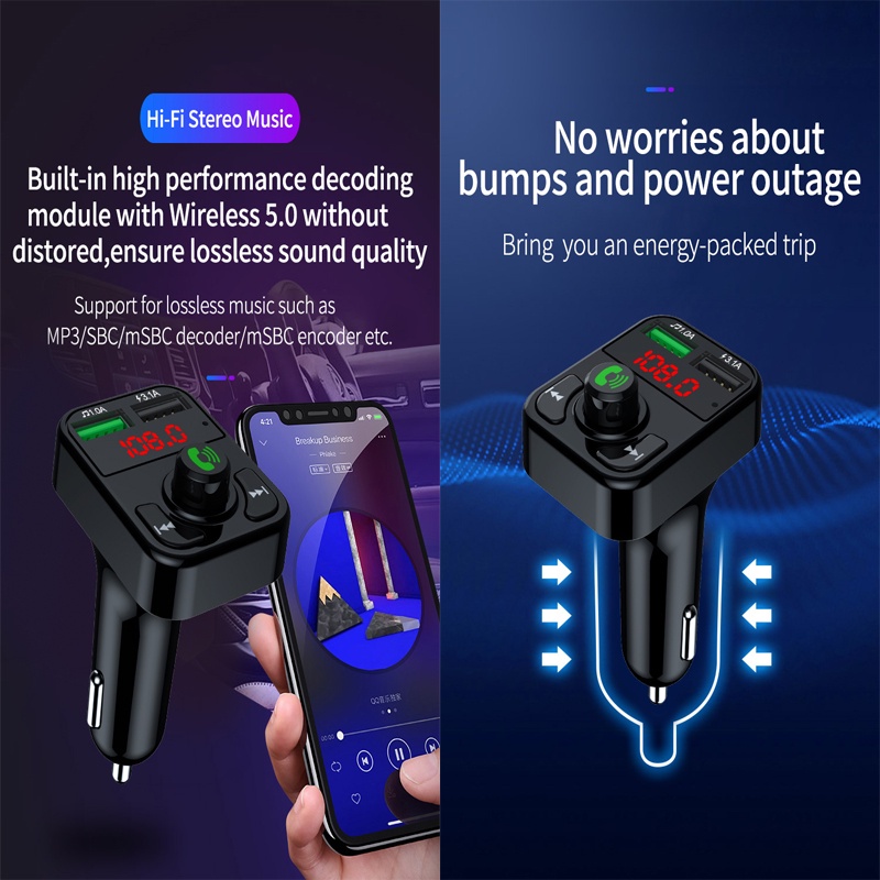 Tẩu Sạc Hai Cổng Usb Bluetooth Fm Aux Nghe Nhạc Mp3 Cho Xe Hơi