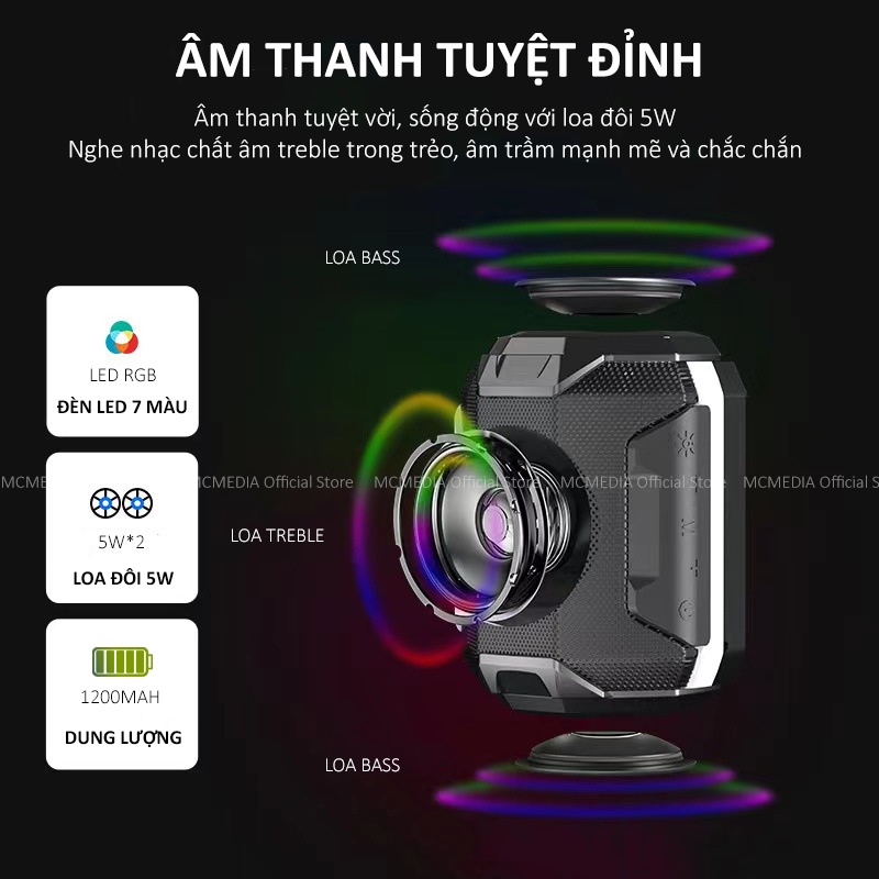 Loa Bluetooth Mini Nghe Nhạc Hay A005 Có Đèn LED RGB Nhấp Nháy Theo Nhạc Công Suất 5W Ấm Bass Mạnh Hỗ Trợ Thẻ Nhớ, USB